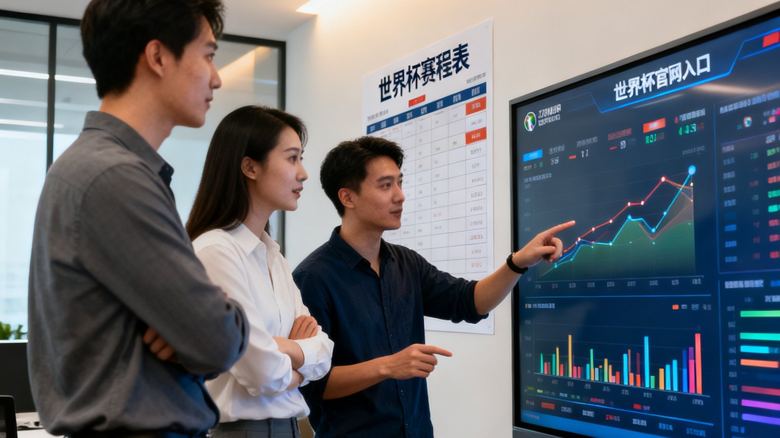 世界杯官网入口团队在数据大屏前讨论实时比赛数据，背景为世界杯赛程表